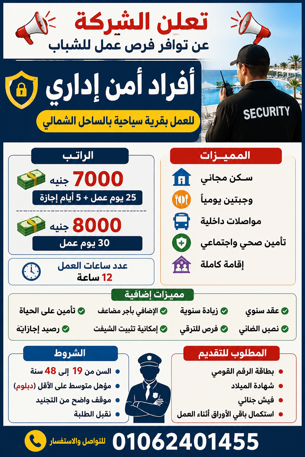تعلن الشركه عن توافر فرصه عمل للشباب   افراد امن اداري لقريه سياحيه الساحل الشمالى