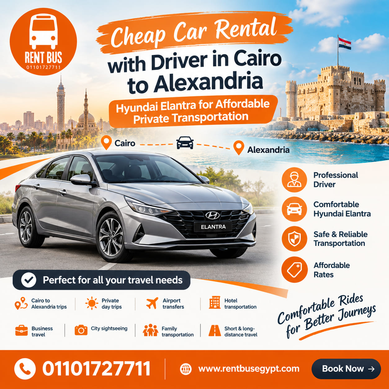 Cheap Car Rental with Driver in Cairo to Alexandria | Hyundai Elantra for Affordable Private Transportation