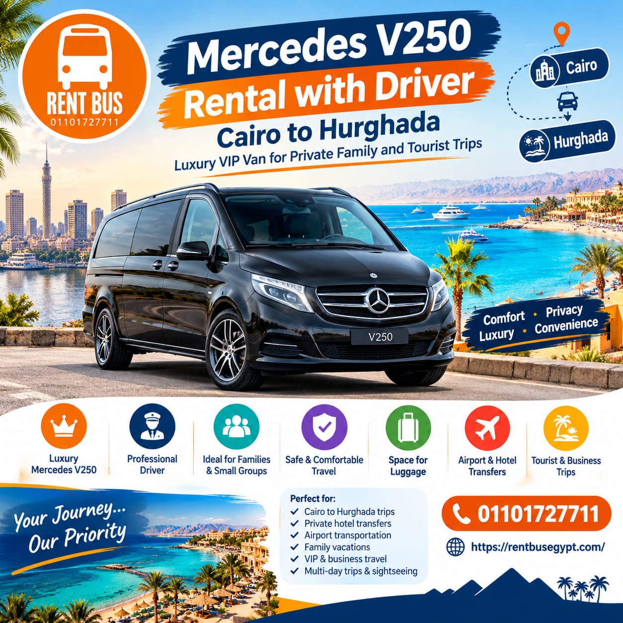 Mercedes V250 Rental with Driver in Cairo to Hurghada | Luxury VIP Van for Private Family and Tourist Trips