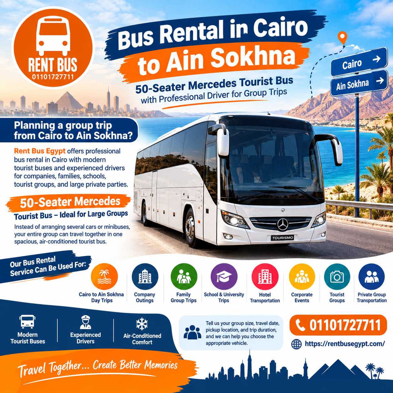 Bus Rental in Cairo to Ain Sokhna | 50-Seater Mercedes Tourist Bus with Professional Driver for Group Trips